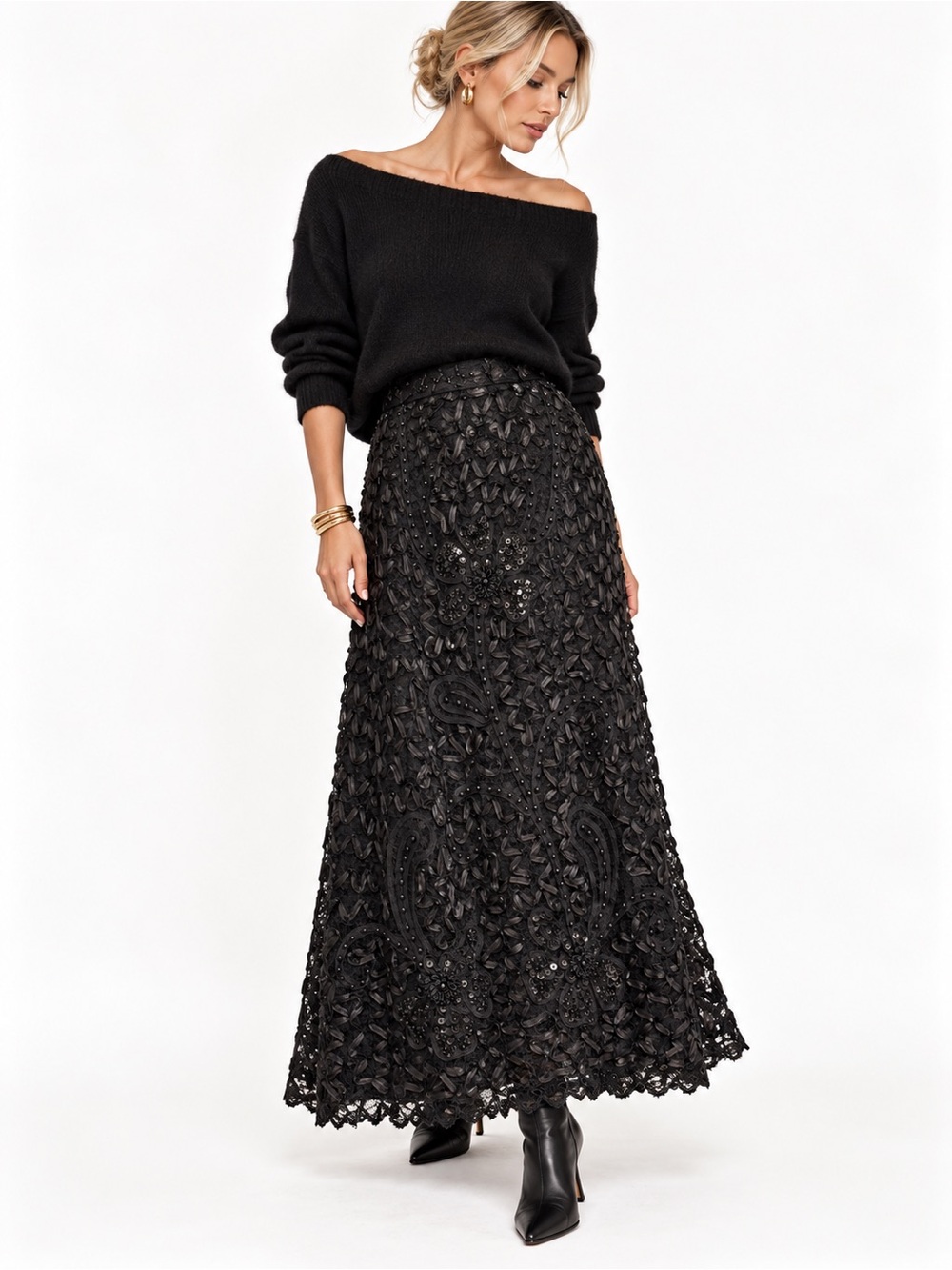 Vintage Black Beaded Soutache Lace Maxi Skirt L by S.A. Collection